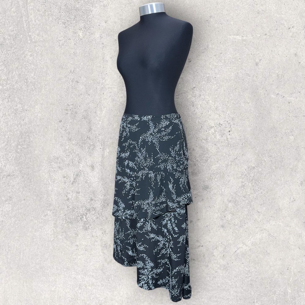 Senlis Asymmetrical Ruffle Skirt Black White Floral Print  Women's‎ sz Medium
